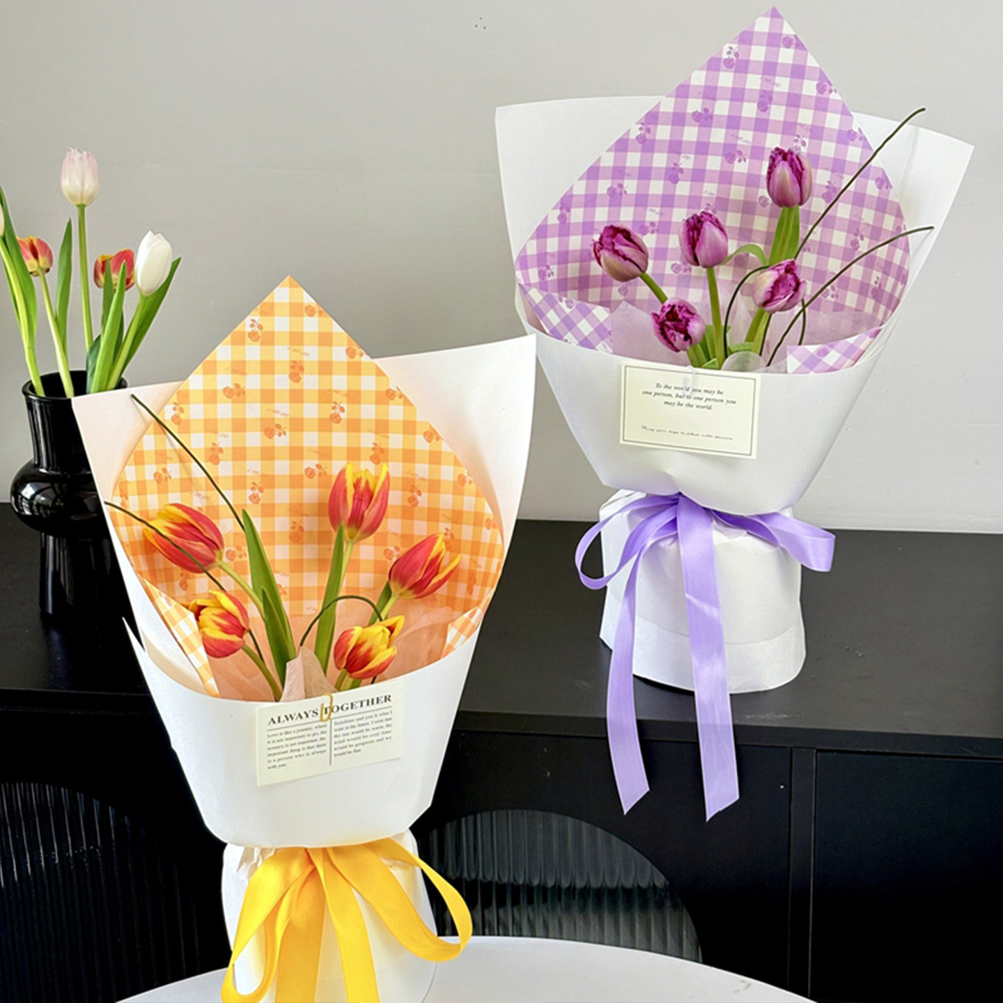 Spring new arrival plaid rose hard cardboard styling paper small fresh bouquet wrapping paper flower shop floral diy material