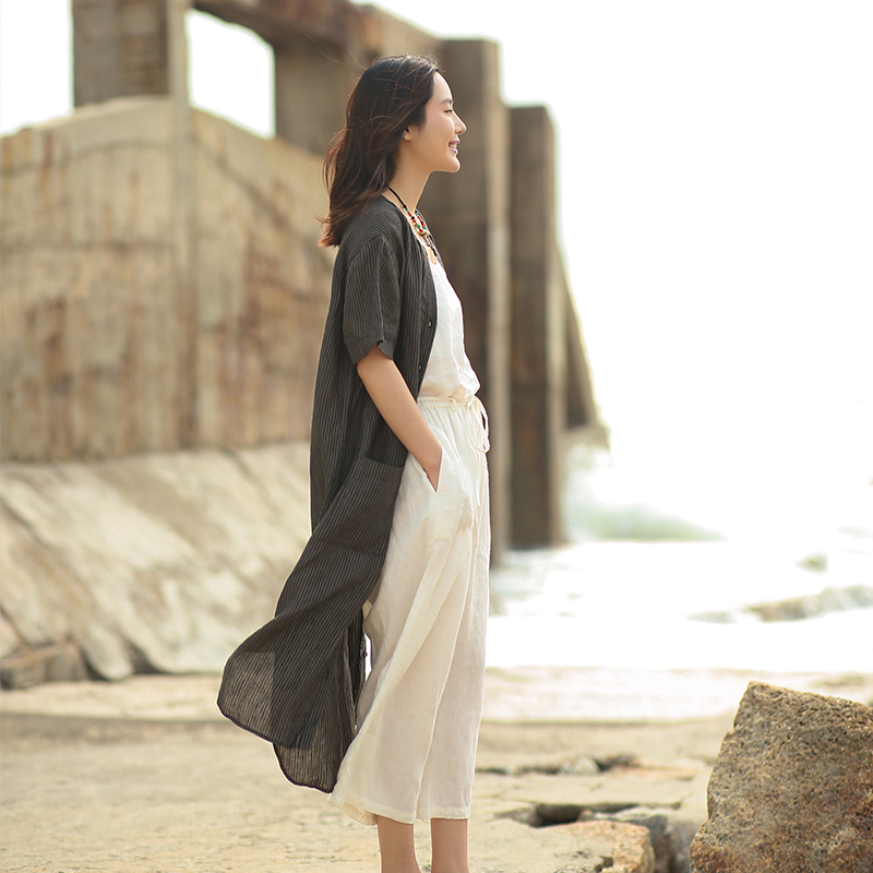 麻霖原创棉麻女装 春装新款黑杏条纹色织亚麻长外套风衣衬衫裙 2019 麻霖原创棉麻女装 春装新款黑杏条纹色织亚麻长外套风衣衬衫裙 2019