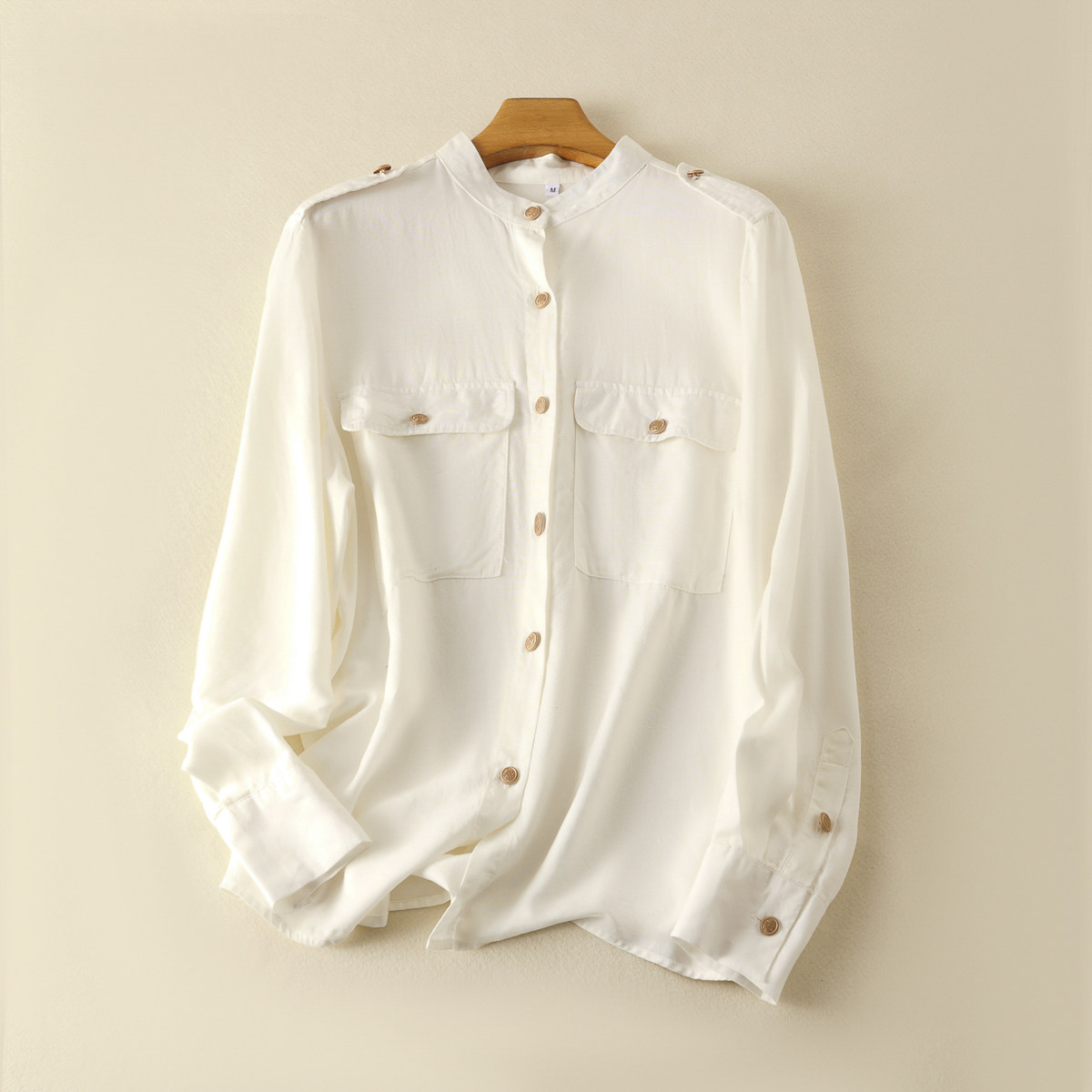 千金系春秋款时尚休闲立领天丝衬衫女百搭显瘦单排扣肩章洋气衬衣,淘宝优惠券,粉丝福利购,淘宝优惠卷