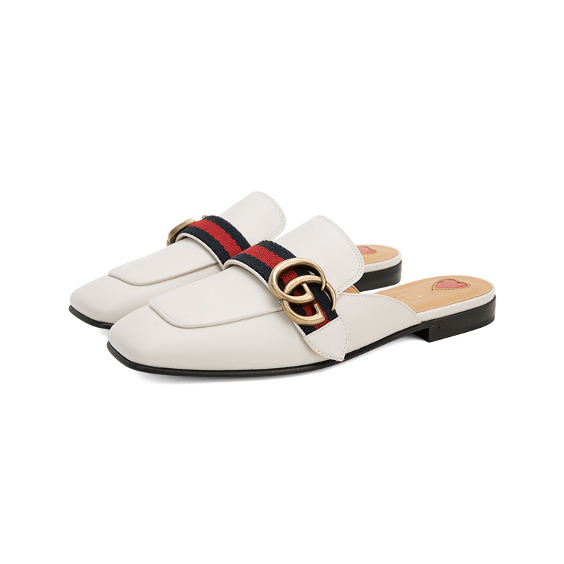 gucci白色牛皮女士平底300099拖鞋 银泰百货精品包头拖
