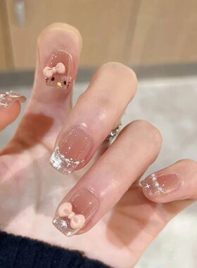 粉色甜美蝴蝶结纯手工穿戴美甲