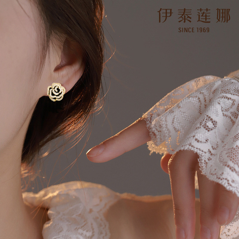 黑玫瑰山茶花金色耳钉/耳夹（无耳洞戴）镶钻滴釉耳坠女 伊泰莲娜,淘宝优惠券,粉丝福利购,淘宝优惠卷