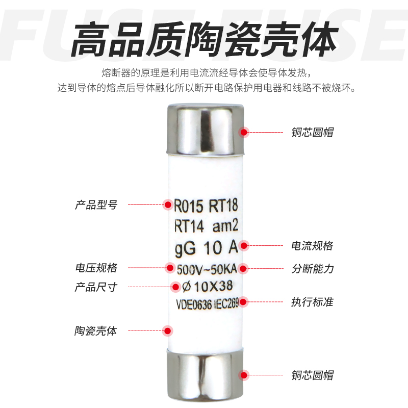 RO15保险丝管10X38 陶瓷熔断器R015 RT18 1A 2A 3A 5A 6A 10A - 图0