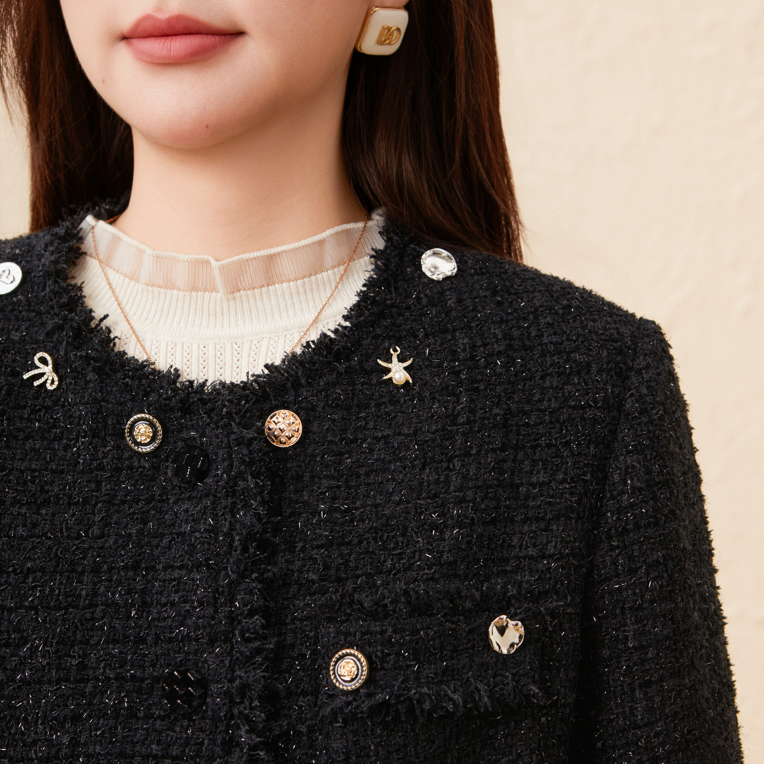 采多宝大码女装胖mm2025秋季新款圆领毛边廓形小香风黑色外套,淘宝优惠券,粉丝福利购,淘宝优惠卷