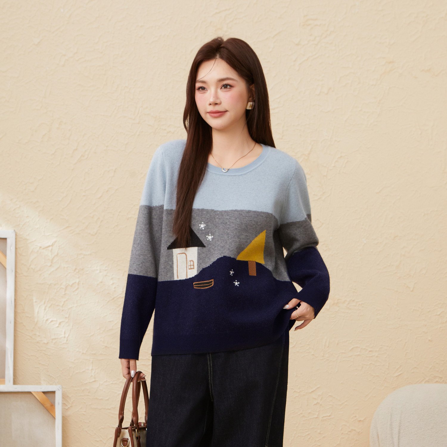 采多宝大码女装圆领撞色提花毛衫胖mm卡通图案减龄宽松显瘦上衣,淘宝优惠券,粉丝福利购,淘宝优惠卷