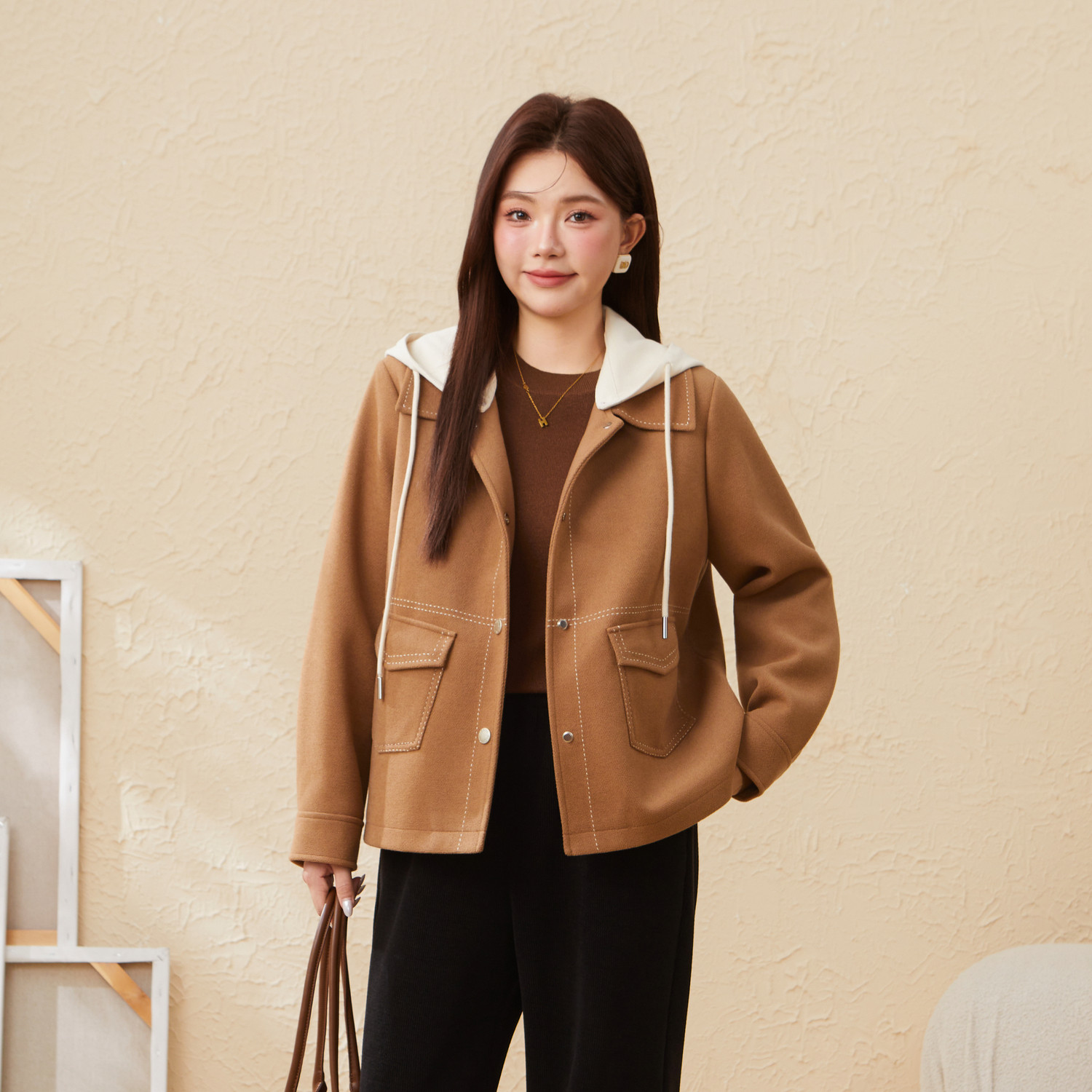 采多宝大码女装胖mm2025冬季新款撞色线百搭连帽抽绳透气毛呢外套,淘宝优惠券,粉丝福利购,淘宝优惠卷