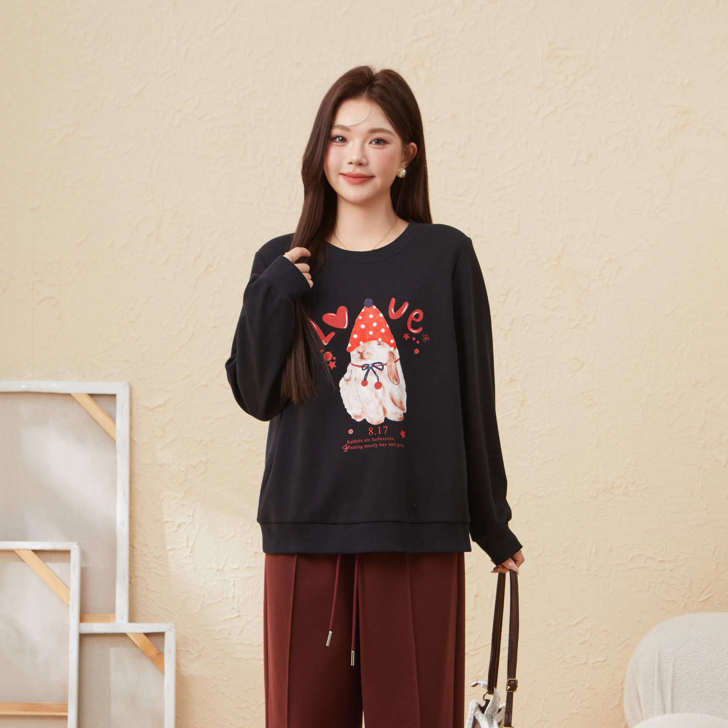 采多宝大码女装圆领小兔子3D印花卫衣胖mm动物图案可爱风减龄上衣,淘宝优惠券,粉丝福利购,淘宝优惠卷