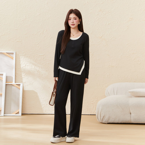 采多宝大码女装下摆不规则假两件套装胖mm不对称气质上衣修身长裤 - 图0