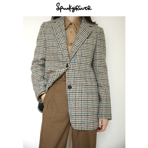 HarrisTweed英国哈里斯粗花呢宽松直筒通勤女士羊毛复古西服 英伦 - 图1