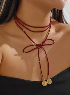 欧美复古双层绒绳 choker 颈链可调蝴蝶结金属圆牌吊坠辣妹锁骨链
