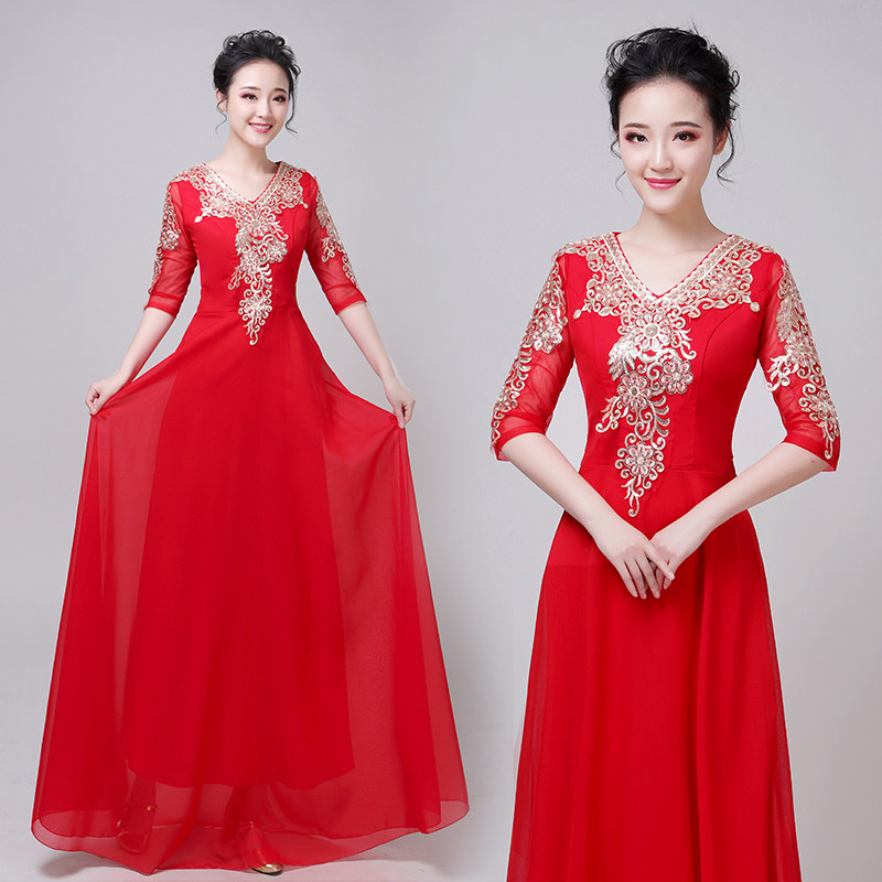 新品大合唱团演出服女长裙优雅中老年唱舞台演出连衣裙修身晚礼服