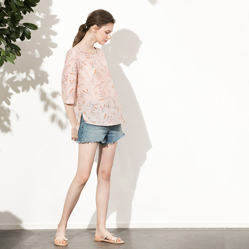 温柔橙粉色枝叶印花丝棉女ins t恤 miccbeirn服饰旗舰T恤