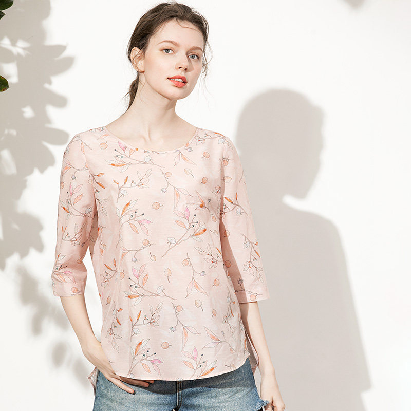温柔橙粉色枝叶印花丝棉女ins t恤 miccbeirn服饰旗舰T恤