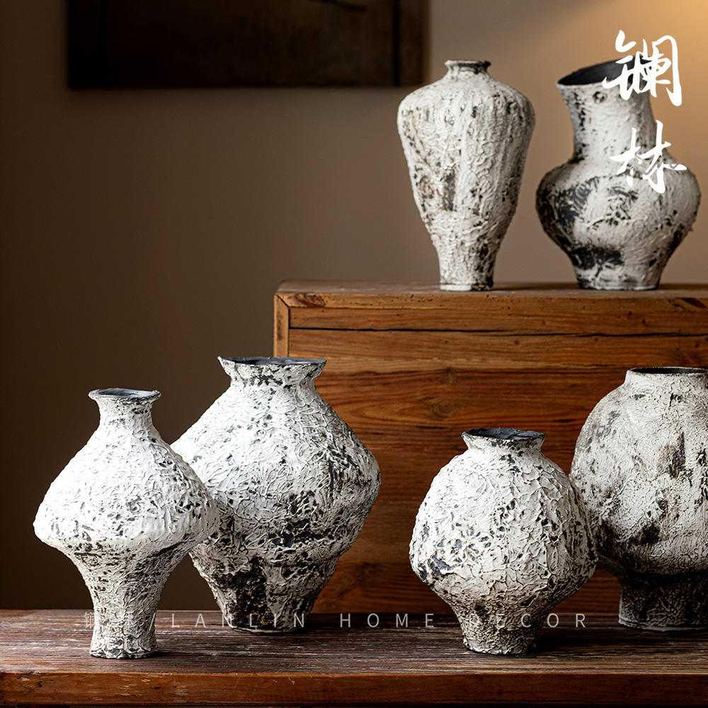 新中式侘寂风粗陶花瓶景德镇民宿复古插干花器客厅玄关梨花雪陶罐 - 图1
