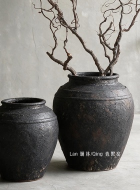 侘寂风复古陶罐落地花瓶客厅玄关