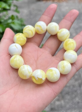 天然二代蜜蜡手串男女款鸡油黄金绞蜜瓷白飘花琥珀手链圆珠饰品33