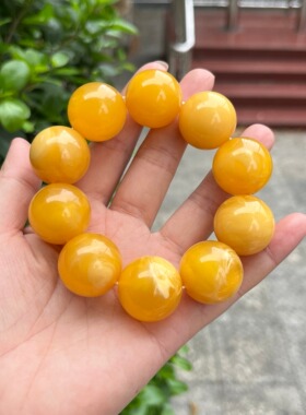 天然二代蜜蜡手串男女款鸡油黄金绞蜜瓷白飘花琥珀手链圆珠饰品51