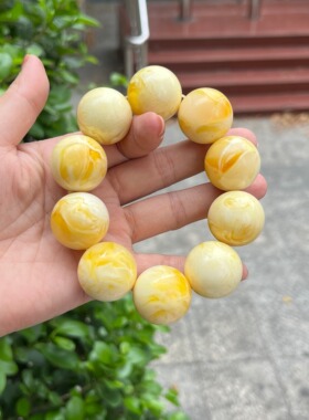天然二代蜜蜡手串男女款鸡油黄金绞蜜瓷白飘花琥珀手链圆珠饰品39