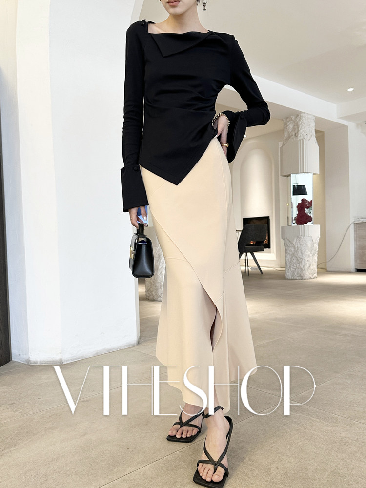 露肩上衣女长袖修身显瘦不规则设计感小众打底t恤2025年新款春秋,淘宝优惠券,粉丝福利购,淘宝优惠卷