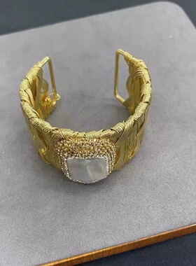 天然巴洛克珍珠意大利绕线工艺活口大手镯陶泥水钻流行首饰女手环