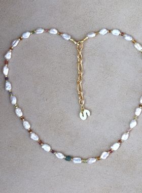 Bonheur-虹系列镀真金澳白光巴洛克碎银子珍珠碧玺y字链定制字母