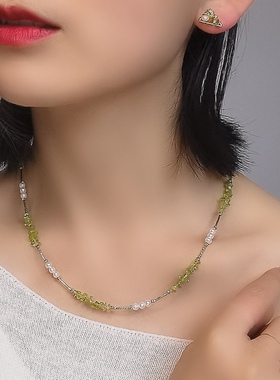 Bonheur_龙井衔春系列天然橄榄石天然极光珍珠设计师耳钉手工制作