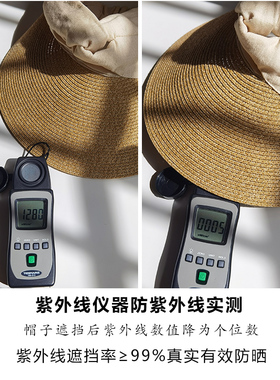 空顶草帽女夏大檐棉麻拼接可折叠