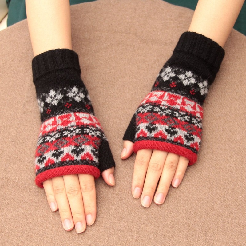 日本单文艺复古花纹半指手套羊毛针织加厚保暖女冬手套学生写字款,淘宝优惠券,粉丝福利购,淘宝优惠卷