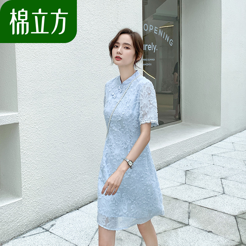 棉立方旗舰店旗袍改良版连衣裙棉立方夏装新款雪纺轻熟风显瘦中长款裙子0