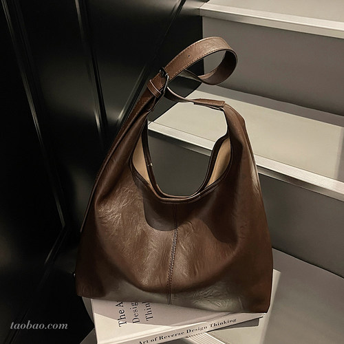 松弛感复古棕色包包2025新款时尚简约女士单肩包大容量通勤托特包 - 图1