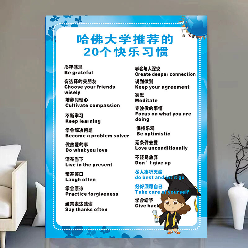 哈佛大学推荐的20个快乐习惯英语课堂双语国际学校教室布置墙贴画,淘宝优惠券,粉丝福利购,淘宝优惠卷