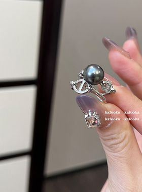 男女纯银日韩大溪地黑珍珠戒指