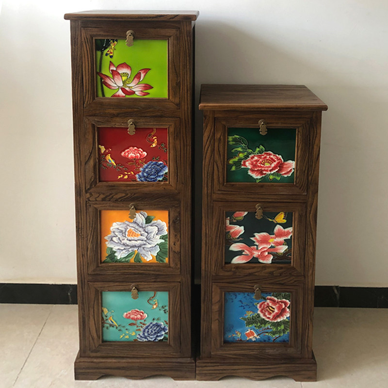 [绘陶家居]立体浮雕手绘陶瓷镶嵌老榆木实木收纳储物柜复古柜斗柜,淘宝优惠券,粉丝福利购,淘宝优惠卷