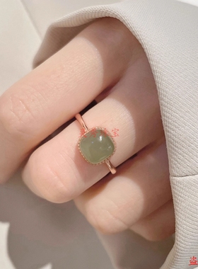 和田玉银戒指小方糖高级感玉石饰品戒指环设计款女白玉开口可调节