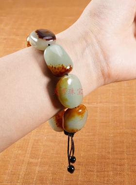 和田玉籽料原石红沁手链男款