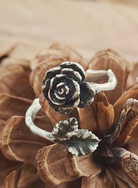 情侣纯银暗黑日系黑玫瑰花戒指