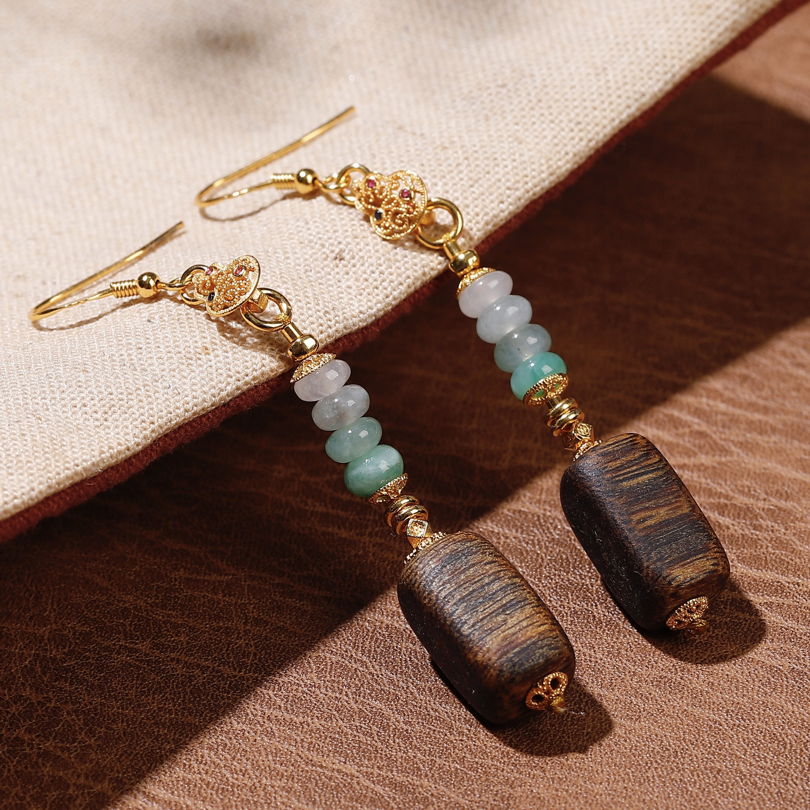 新中式天然老料沉香方糖耳坠缅料A货翡翠算盘珠葫芦银镀金耳环女,淘宝优惠券,粉丝福利购,淘宝优惠卷