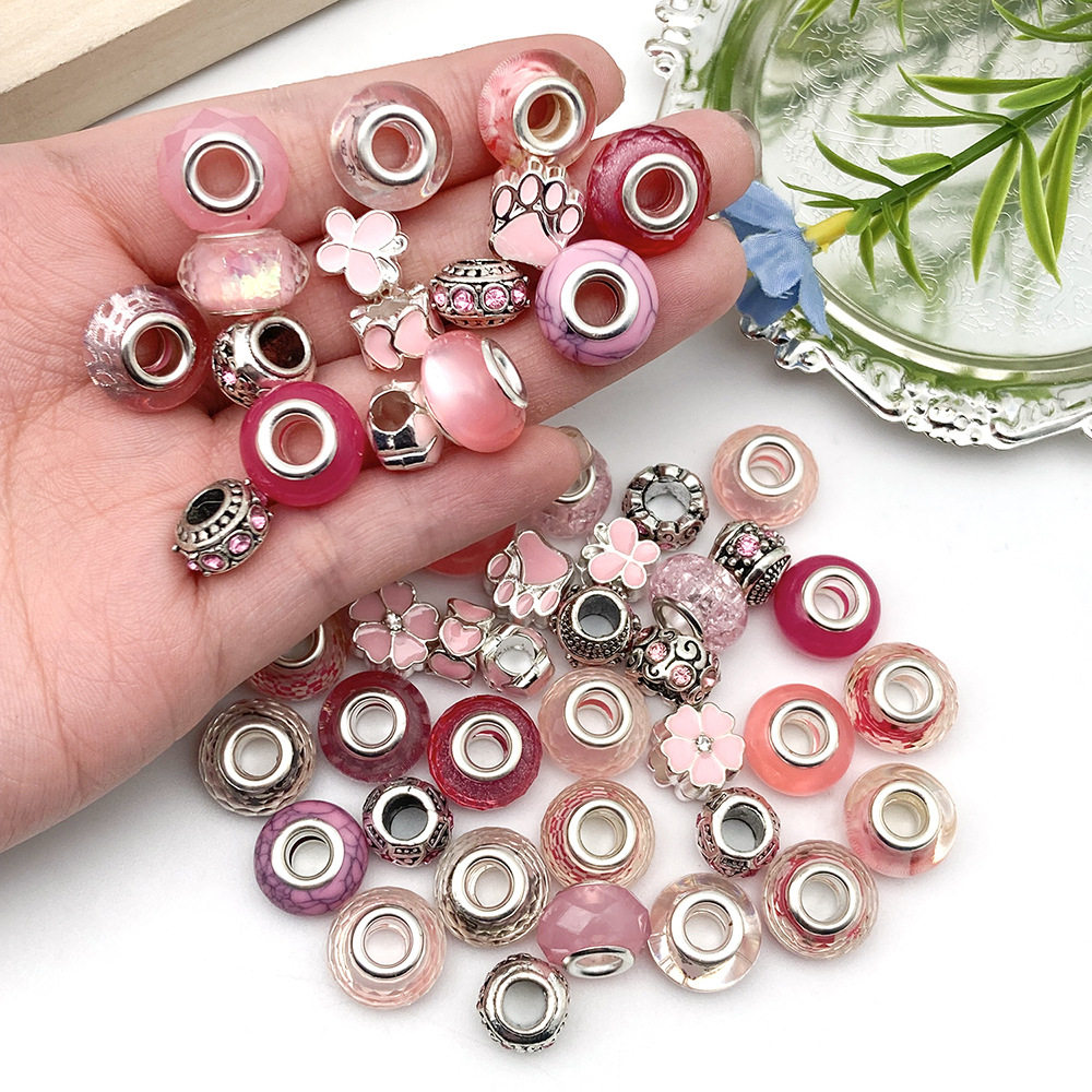 混50个粉色潘家风格手链配件大孔珠饰品配件DIY穿孔合金点钻散珠,淘宝优惠券,粉丝福利购,淘宝优惠卷