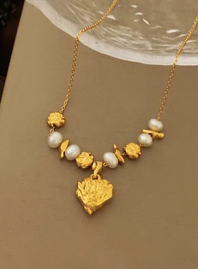 铜镀真金欧美捶打面设计爱心项链小众不规则养殖珍珠锁骨链女1927