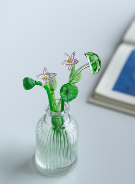 日式风花插玻璃百合莲蓬荷叶摆件