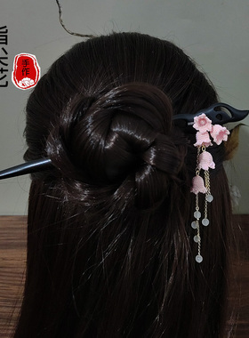 手工古风铃兰花朵黑檀木发簪微钩田园流苏簪子甜美小仙女盘发头饰