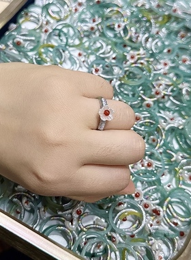 泓石斋 爆款 天然a货翡翠指环 花原创蓝水戒指圈18K包金支持鉴定