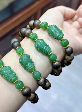 u 317天然和田玉碧玉貔貅手链DIY文玩沉香10mm木串设计款财财款