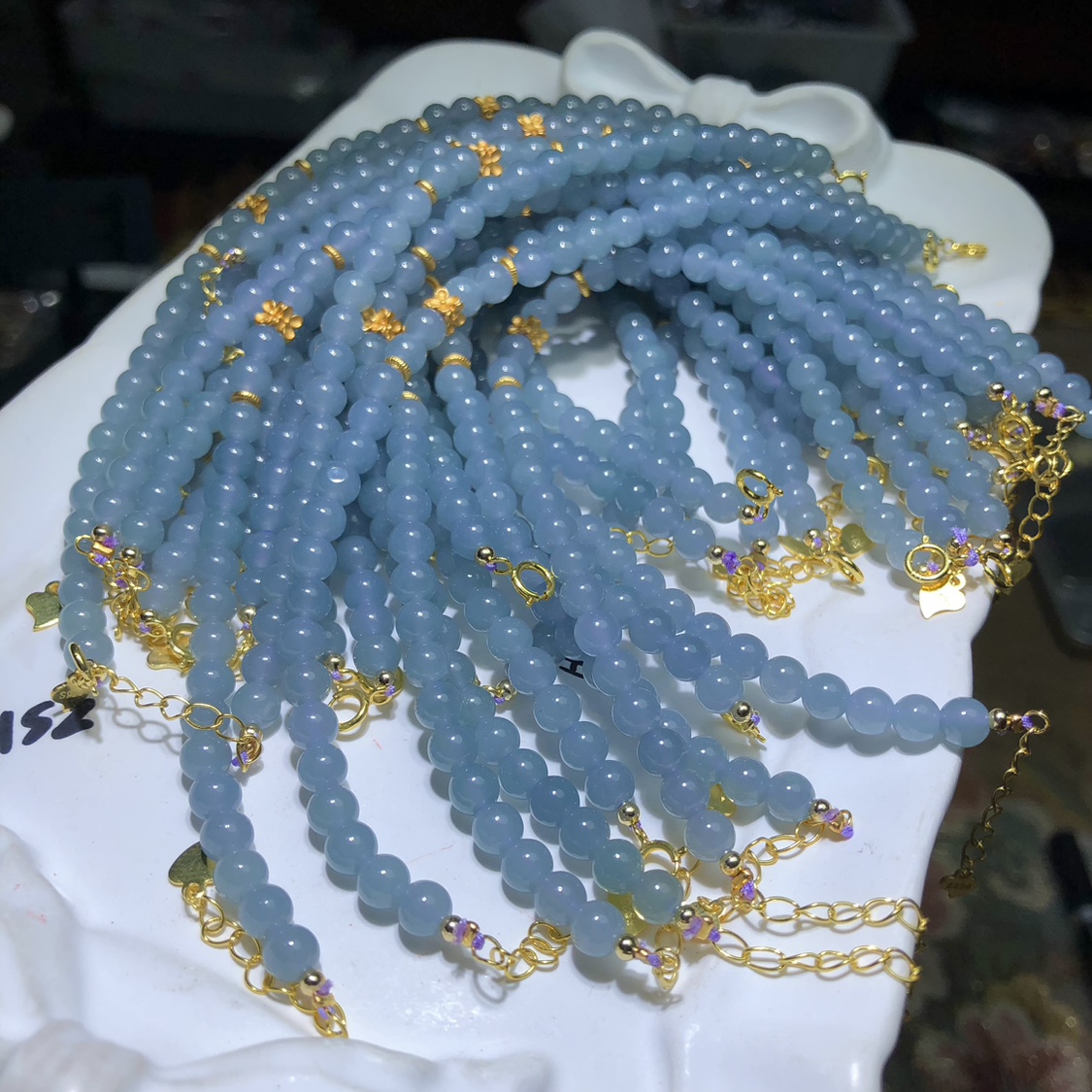 天然A货翡翠冰蓝水半成品起钢光小米珠挂绳珠链多圈项链佛珠手链 - 图2