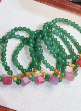 泓石斋 天然和田玉碧玉手链原创猕猴桃碧玉苹果绿方糖块单圈5mm