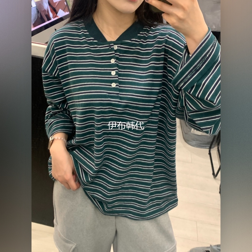 CEDARWOOD韩国东大门正品代购25冬款 圆领休闲纽扣条纹长袖T恤女 - 图2