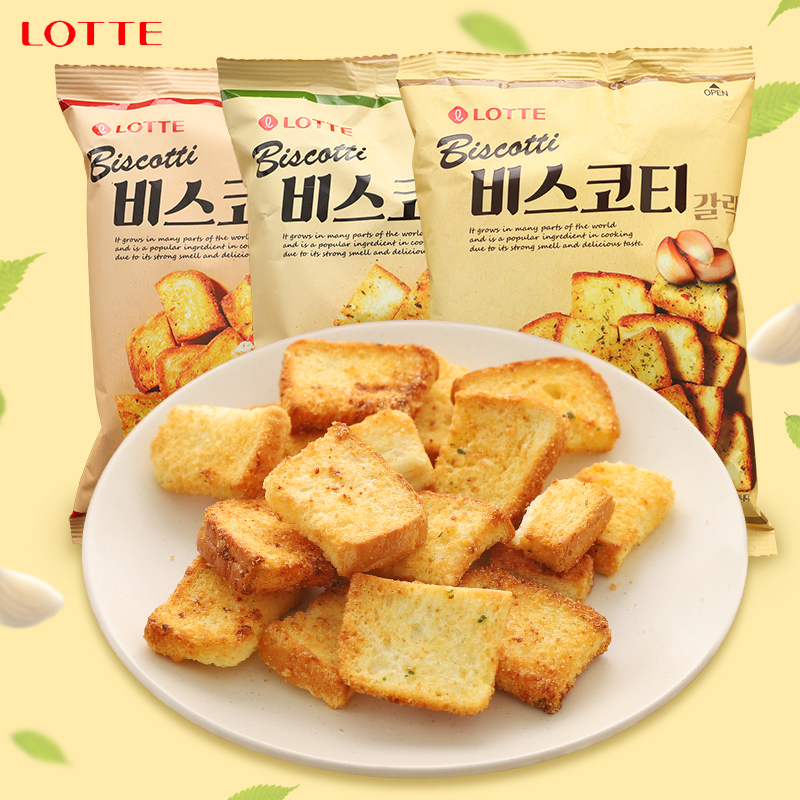 韩国进口LOTTE乐天蒜香披萨味烤面包片酥性葱香面包干零食小吃70g - 图0