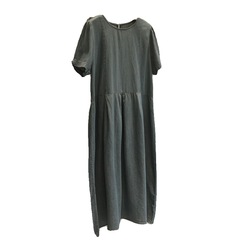 韩系小姐姐！蓝色圆领短袖牛仔连衣裙女后背排扣系带宽松休闲长裙