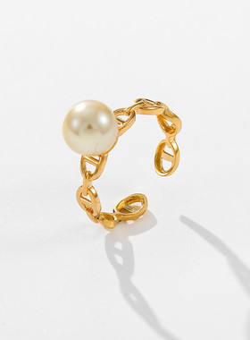 羽黄金珍珠镂空猪鼻子开口戒指时