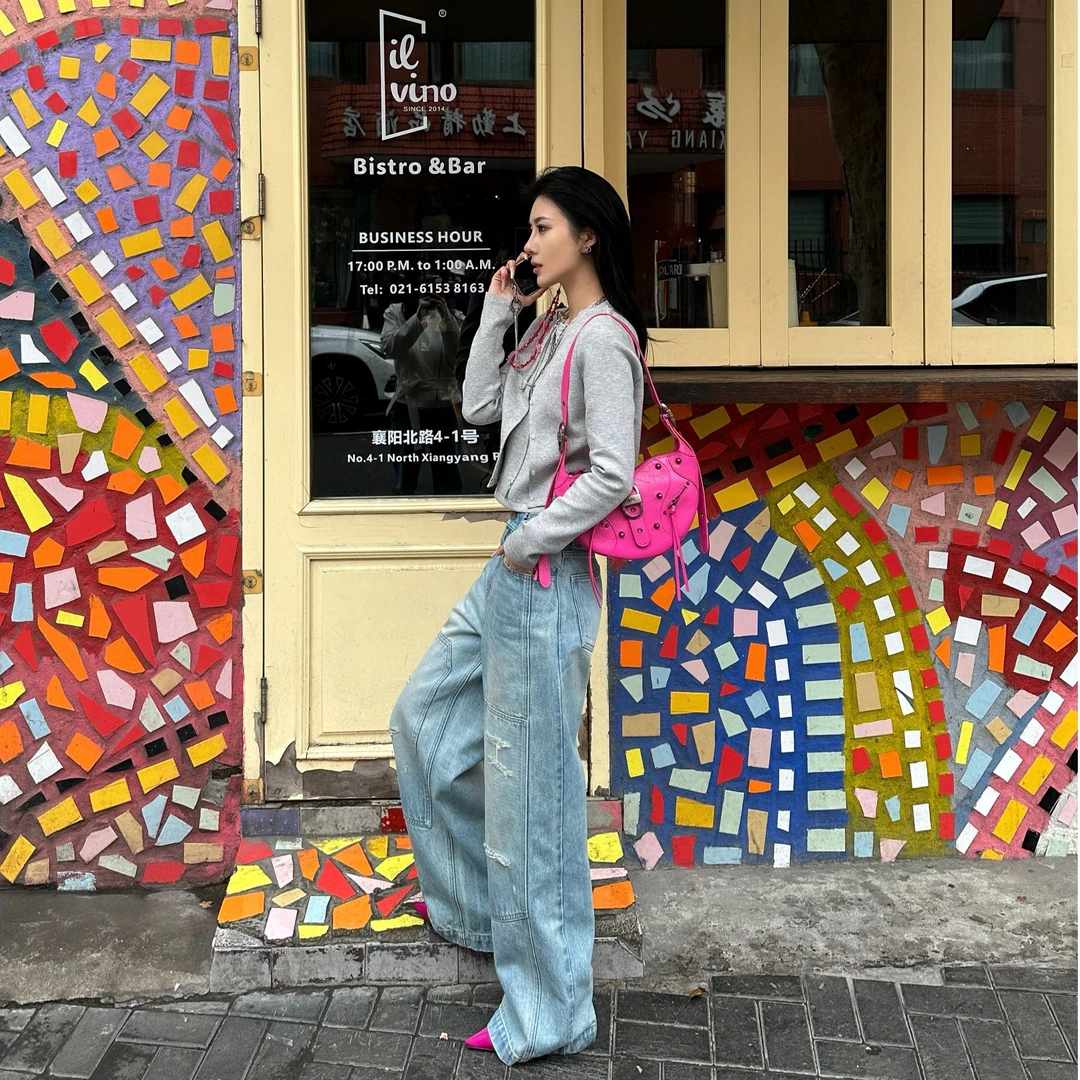 OopsLuLu破洞阔腿牛仔裤女2025秋季新款高腰显瘦设计感直筒拖地裤,淘宝优惠券,粉丝福利购,淘宝优惠卷